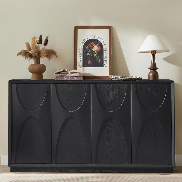 English Elm 4 Door Ash Veneer Sideboard with Carved Panels and Push Open Shelved Storage W3137P363229