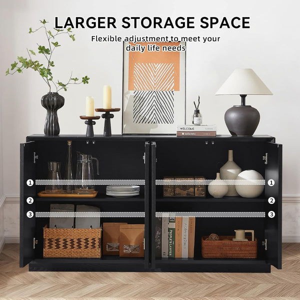 English Elm 4 Door Ash Veneer Sideboard with Carved Panels and Push Open Shelved Storage W3137P363229