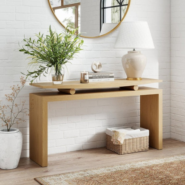 English Elm Modern Sculptural Console Table with Wood Veneer Rubberwood Columns for Entryway Decor Natural W3137P412034
