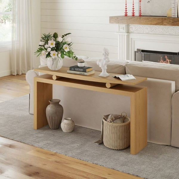 English Elm Modern Sculptural Console Table with Wood Veneer Rubberwood Columns for Entryway Decor Natural W3137P412034