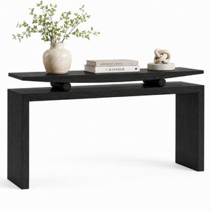 English Elm Modern Sculptural Console Table with Wood Veneer Rubberwood Columns for Entryway Decor Black W3137P412035