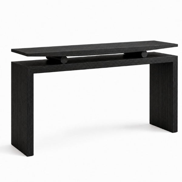 English Elm Modern Sculptural Console Table with Wood Veneer Rubberwood Columns for Entryway Decor Black W3137P412035