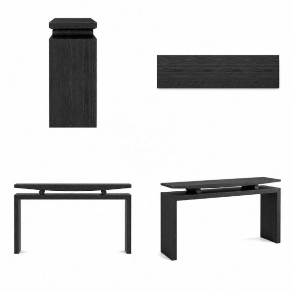 English Elm Modern Sculptural Console Table with Wood Veneer Rubberwood Columns for Entryway Decor Black W3137P412035