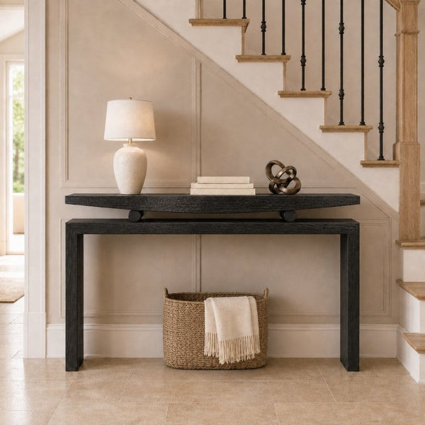 English Elm Modern Sculptural Console Table with Wood Veneer Rubberwood Columns for Entryway Decor Black W3137P412035