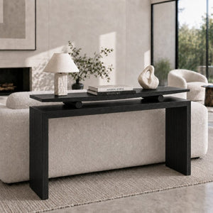 English Elm Modern Sculptural Console Table with Wood Veneer Rubberwood Columns for Entryway Decor Black W3137P412035