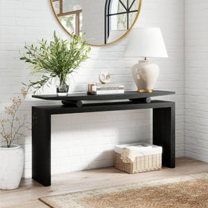 English Elm Modern Sculptural Console Table with Wood Veneer Rubberwood Columns for Entryway Decor Black W3137P412035