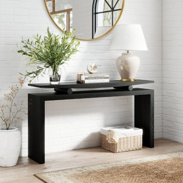 English Elm Modern Sculptural Console Table with Wood Veneer Rubberwood Columns for Entryway Decor Black W3137P412035