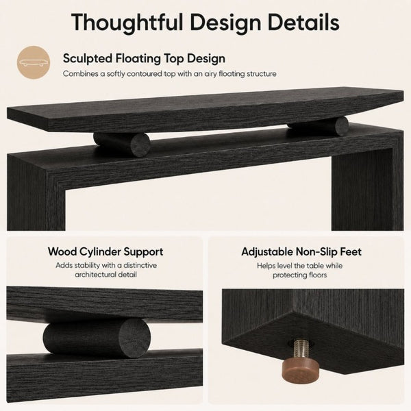 English Elm Modern Sculptural Console Table with Wood Veneer Rubberwood Columns for Entryway Decor Black W3137P412035