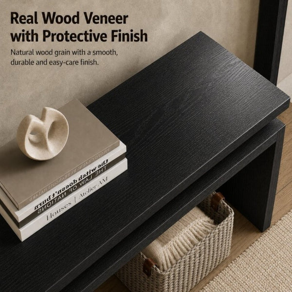 English Elm Modern Sculptural Console Table with Wood Veneer Rubberwood Columns for Entryway Decor Black W3137P412035