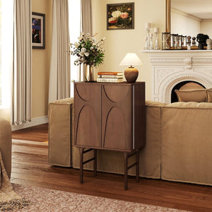 English Elm 2-door Carved Poplar Accent Cabinet with Piano Hinges and Built-in Door Rack Storage W3137P414072
