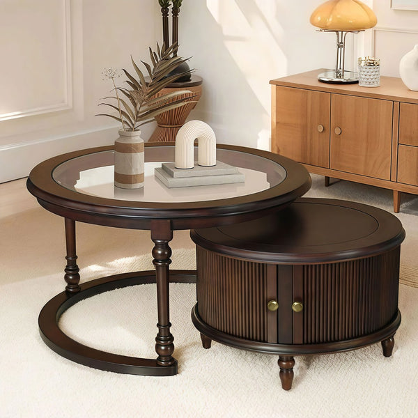 English Elm Modern Nesting Tables Tempered Glass Top Rubberwood Frame Living Room Set Dark Brown W3137S00001