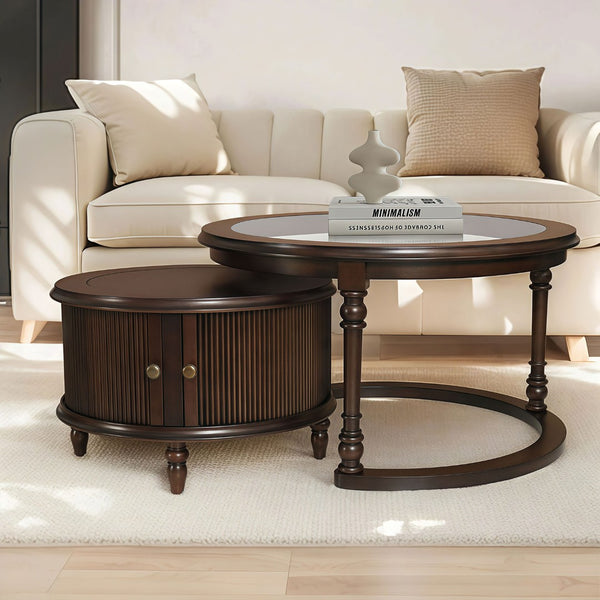 English Elm Modern Nesting Tables Tempered Glass Top Rubberwood Frame Living Room Set Dark Brown W3137S00001