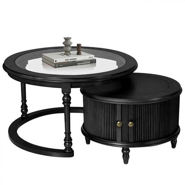 English Elm Modern Nesting Tables Tempered Glass Top Rubberwood Frame Living Room Set Black W3137S00003