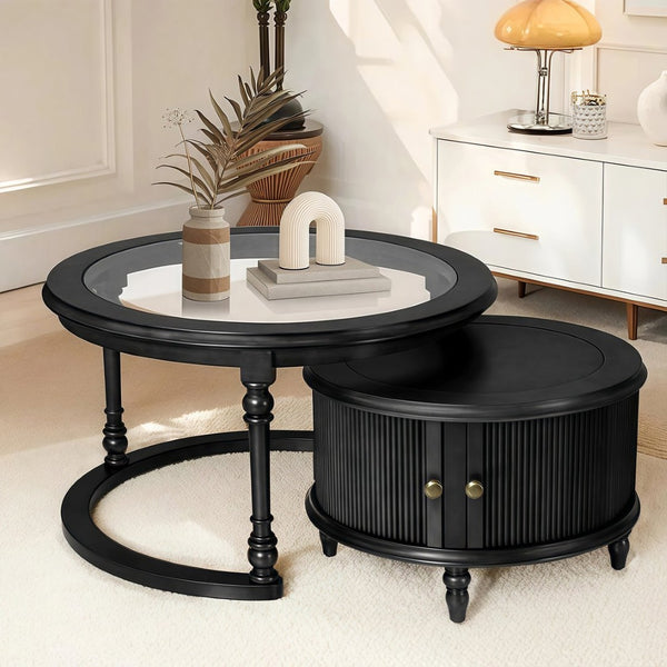 English Elm Modern Nesting Tables Tempered Glass Top Rubberwood Frame Living Room Set Black W3137S00003