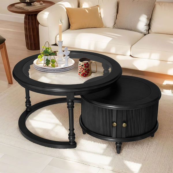 English Elm Modern Nesting Tables Tempered Glass Top Rubberwood Frame Living Room Set Black W3137S00003