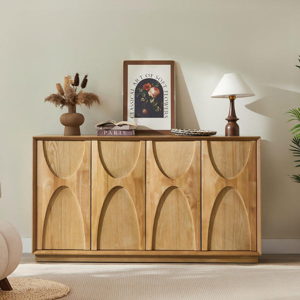 English Elm Modern Ash Veneer Four Door Cabinet with Acacia Accents and Adjustable Shelves W3137S00006