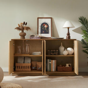 English Elm Modern Ash Veneer Four Door Cabinet with Acacia Accents and Adjustable Shelves W3137S00006