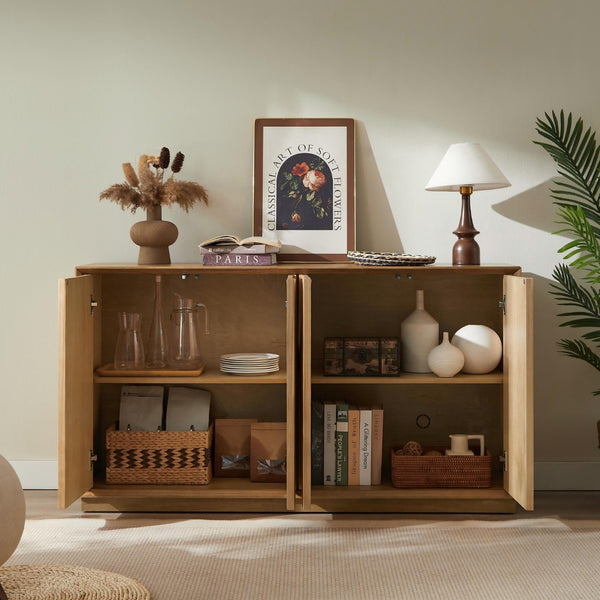 English Elm Modern Ash Veneer Four Door Cabinet with Acacia Accents and Adjustable Shelves W3137S00006