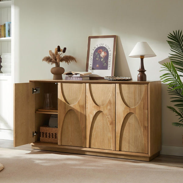 English Elm Modern Ash Veneer Four Door Cabinet with Acacia Accents and Adjustable Shelves W3137S00006