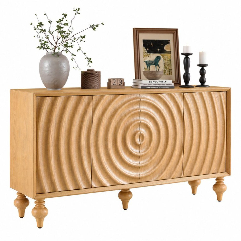 English Elm 4-door Sideboard with Real Wood Veneer Carved Panels Push Open Soft Close Storage Natural W3137S00009