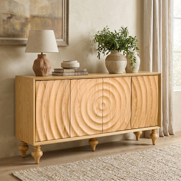 English Elm 4-door Sideboard with Real Wood Veneer Carved Panels Push Open Soft Close Storage Natural W3137S00009
