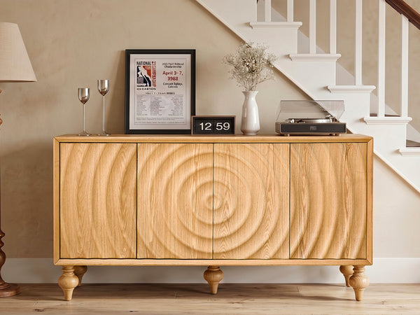 English Elm 4-door Sideboard with Real Wood Veneer Carved Panels Push Open Soft Close Storage Natural W3137S00009