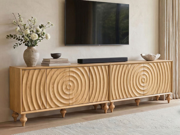 English Elm 4-door Sideboard with Real Wood Veneer Carved Panels Push Open Soft Close Storage Natural W3137S00009