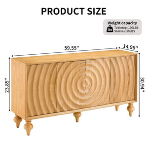 English Elm 4-door Sideboard with Real Wood Veneer Carved Panels Push Open Soft Close Storage Natural W3137S00009