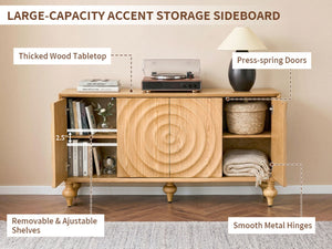 English Elm 4-door Sideboard with Real Wood Veneer Carved Panels Push Open Soft Close Storage Natural W3137S00009