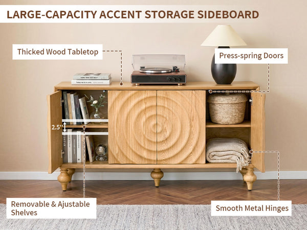 English Elm 4-door Sideboard with Real Wood Veneer Carved Panels Push Open Soft Close Storage Natural W3137S00009