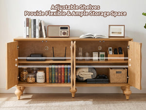 English Elm 4-door Sideboard with Real Wood Veneer Carved Panels Push Open Soft Close Storage Natural W3137S00009