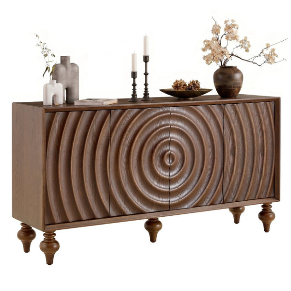 English Elm 4-door Sideboard with Real Wood Veneer Carved Panels Push Open Soft Close Storage Walnut W3137S00010