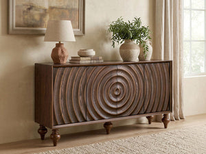 English Elm 4-door Sideboard with Real Wood Veneer Carved Panels Push Open Soft Close Storage Walnut W3137S00010