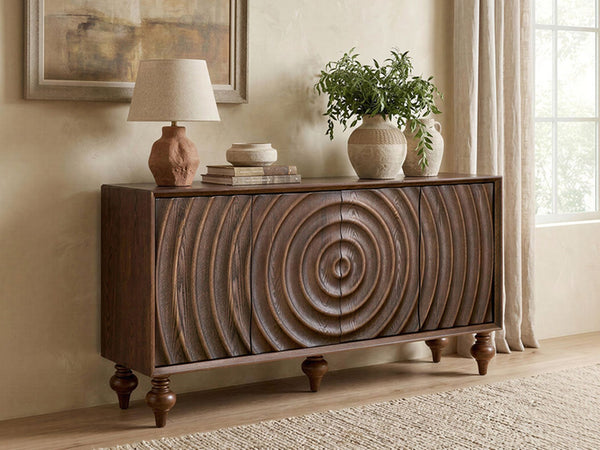 English Elm 4-door Sideboard with Real Wood Veneer Carved Panels Push Open Soft Close Storage Walnut W3137S00010