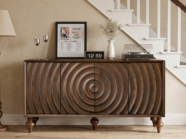 English Elm 4-door Sideboard with Real Wood Veneer Carved Panels Push Open Soft Close Storage Walnut W3137S00010