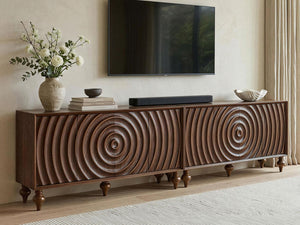 English Elm 4-door Sideboard with Real Wood Veneer Carved Panels Push Open Soft Close Storage Walnut W3137S00010