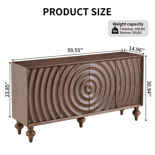 English Elm 4-door Sideboard with Real Wood Veneer Carved Panels Push Open Soft Close Storage Walnut W3137S00010
