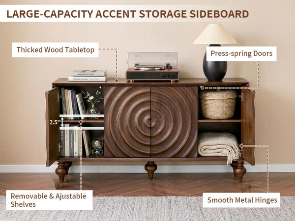 English Elm 4-door Sideboard with Real Wood Veneer Carved Panels Push Open Soft Close Storage Walnut W3137S00010
