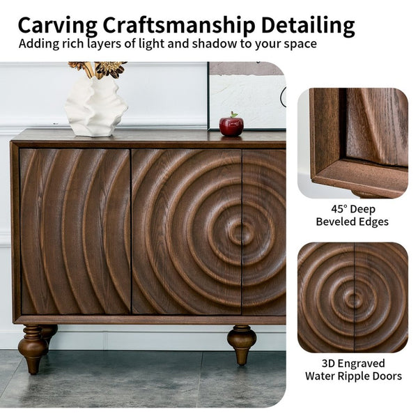 English Elm 4-door Sideboard with Real Wood Veneer Carved Panels Push Open Soft Close Storage Walnut W3137S00010