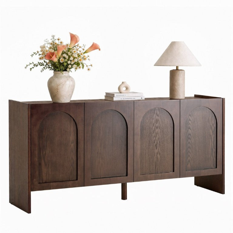English Elm Mid-Century Modern Credenza with Arched Wood Door Panels and Push Open Storage Walnut W3137S00011