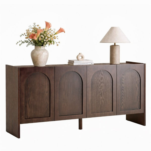 English Elm Mid-Century Modern Credenza with Arched Wood Door Panels and Push Open Storage Walnut W3137S00011