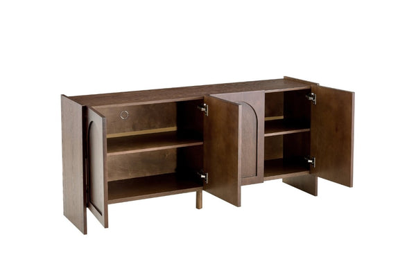 English Elm Mid-Century Modern Credenza with Arched Wood Door Panels and Push Open Storage Walnut W3137S00011
