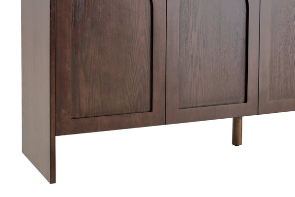 English Elm Mid-Century Modern Credenza with Arched Wood Door Panels and Push Open Storage Walnut W3137S00011