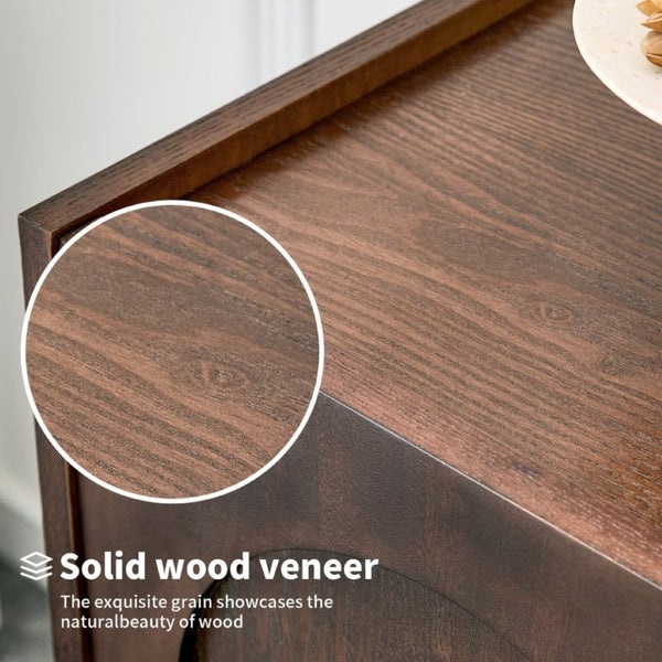 English Elm Mid-Century Modern Credenza with Arched Wood Door Panels and Push Open Storage Walnut W3137S00011