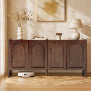 English Elm Mid-Century Modern Credenza with Arched Wood Door Panels and Push Open Storage Walnut W3137S00011