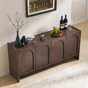 English Elm Mid-Century Modern Credenza with Arched Wood Door Panels and Push Open Storage Walnut W3137S00011