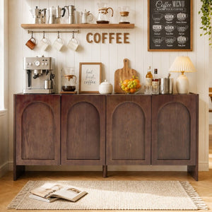 English Elm Mid-Century Modern Credenza with Arched Wood Door Panels and Push Open Storage Walnut W3137S00011