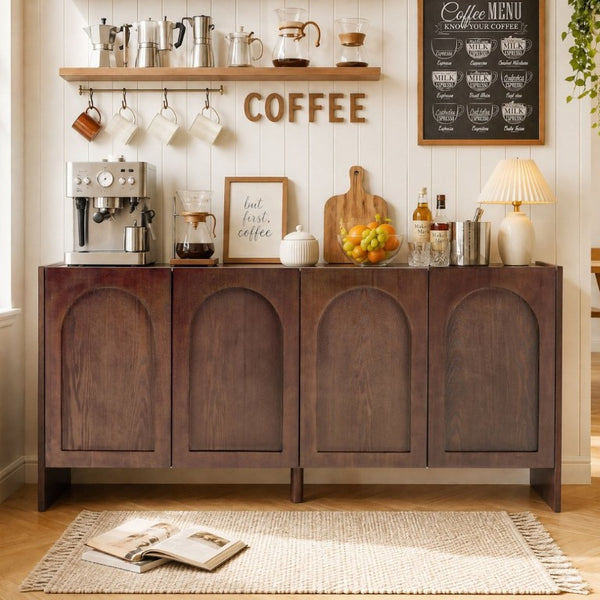 English Elm Mid-Century Modern Credenza with Arched Wood Door Panels and Push Open Storage Walnut W3137S00011