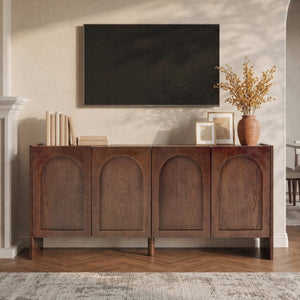 English Elm Mid-Century Modern Credenza with Arched Wood Door Panels and Push Open Storage Walnut W3137S00011