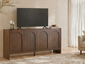 English Elm Mid-Century Modern Credenza with Arched Wood Door Panels and Push Open Storage Walnut W3137S00011